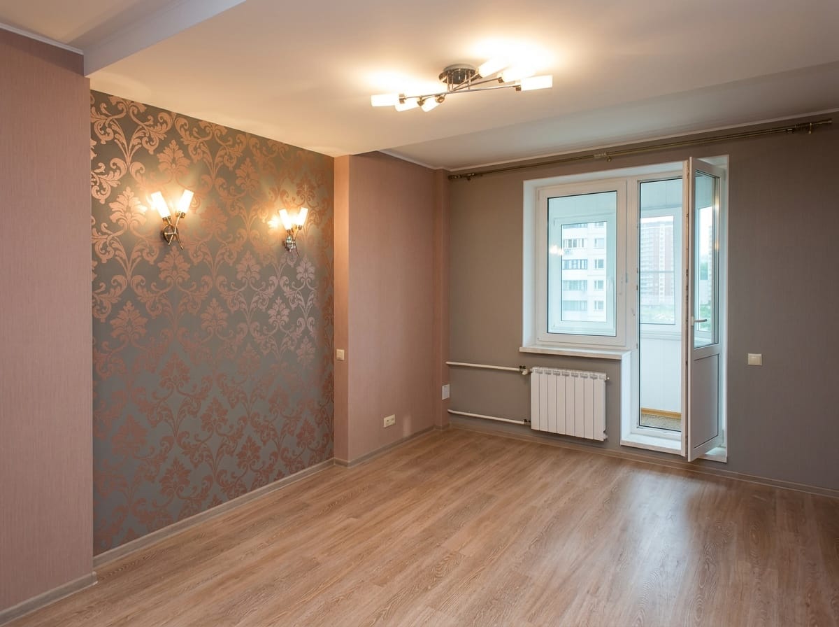 Гостиная с обоями и ламинатом